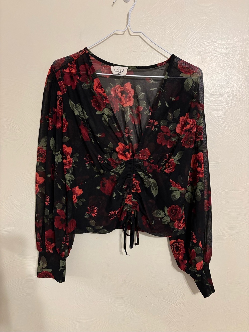 Ember Floral Mesh Ruched Drawstring Top Black Red Roses L